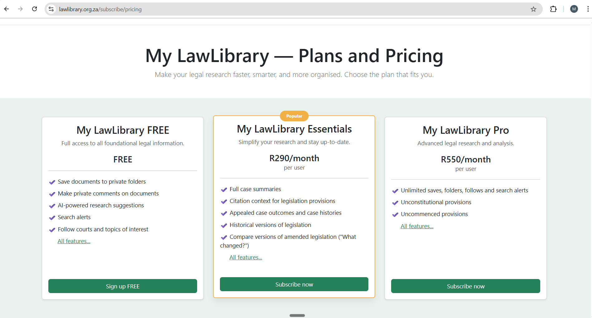 My LawLibrary plans with a Subscribe now button under each paid plan